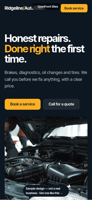 Sample auto repair website, mobile view
